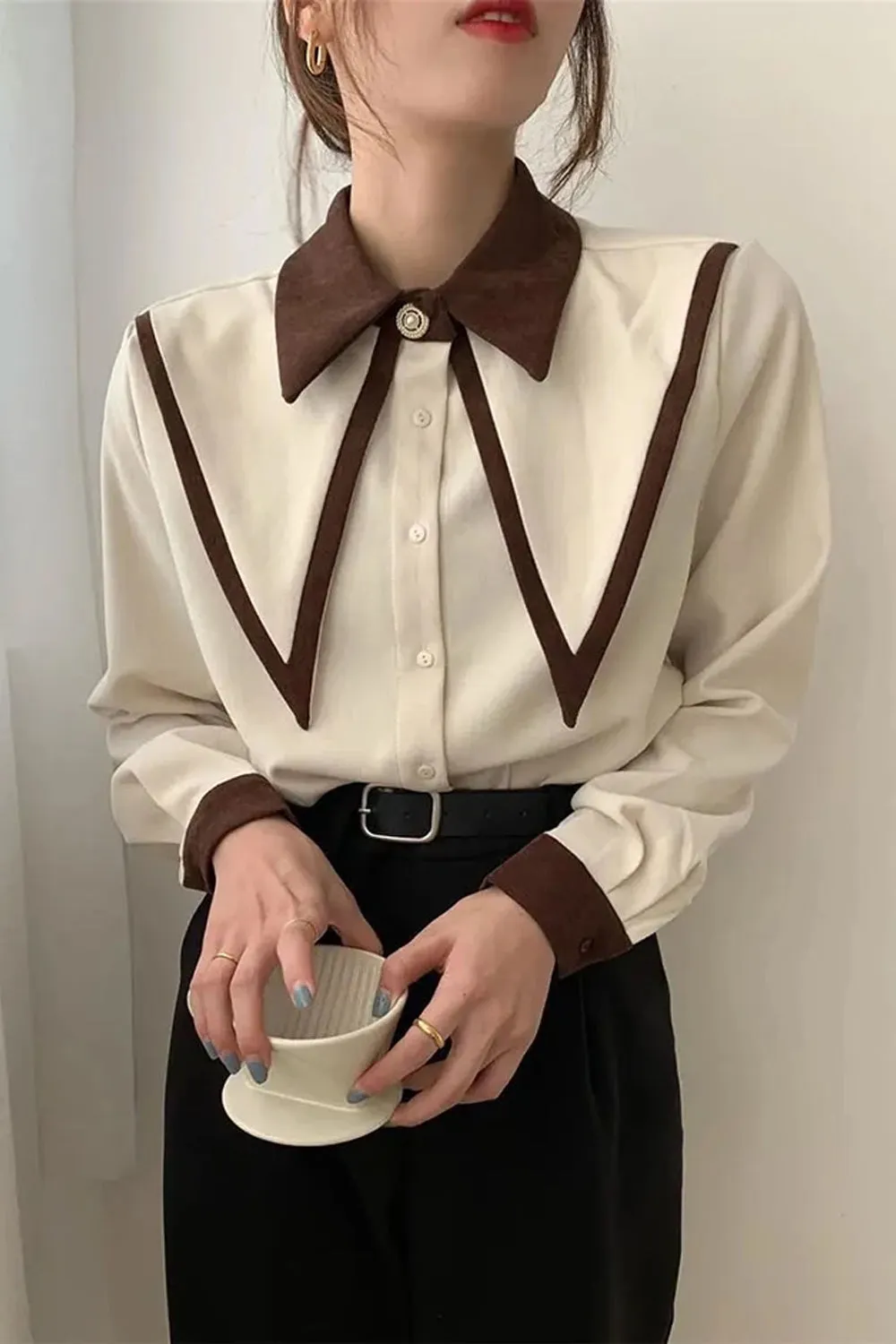 Long Sleeve Elegant Turn Down Collar Office Blouse Shirts