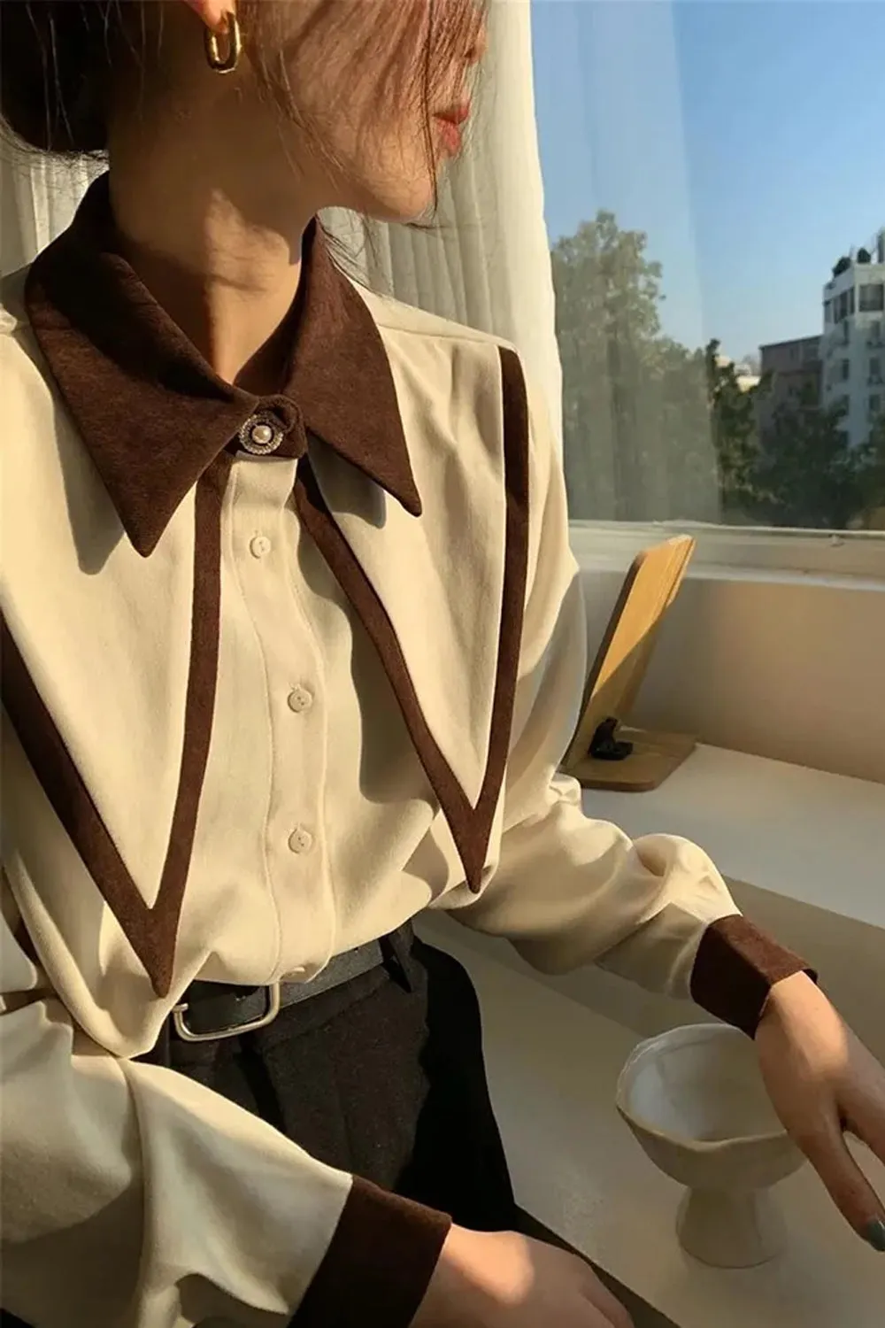 Long Sleeve Elegant Turn Down Collar Office Blouse Shirts