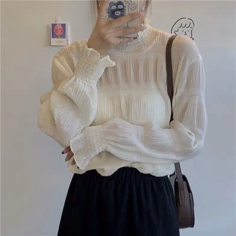 Long Sleeve High Neck Transparent Blouse Shirt