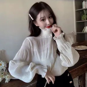 Long Sleeve High Neck Transparent Blouse Shirt