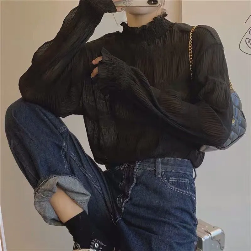 Long Sleeve High Neck Transparent Blouse Shirt
