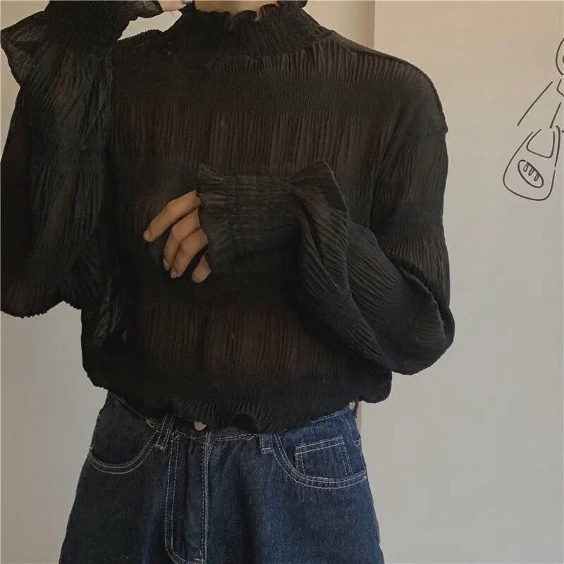 Long Sleeve High Neck Transparent Blouse Shirt
