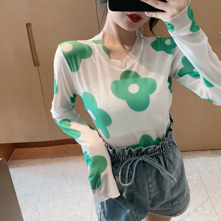 Long Sleeve Kawaii Daisy Mesh Style Shirt