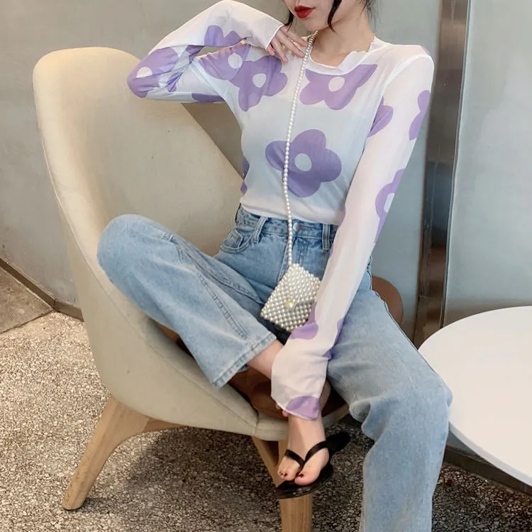 Long Sleeve Kawaii Daisy Mesh Style Shirt