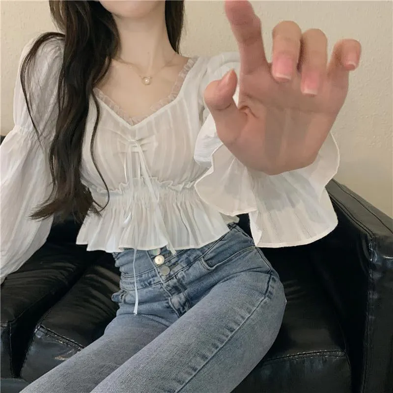 Long Sleeve Lace Tie Cropped Blouse Shirts