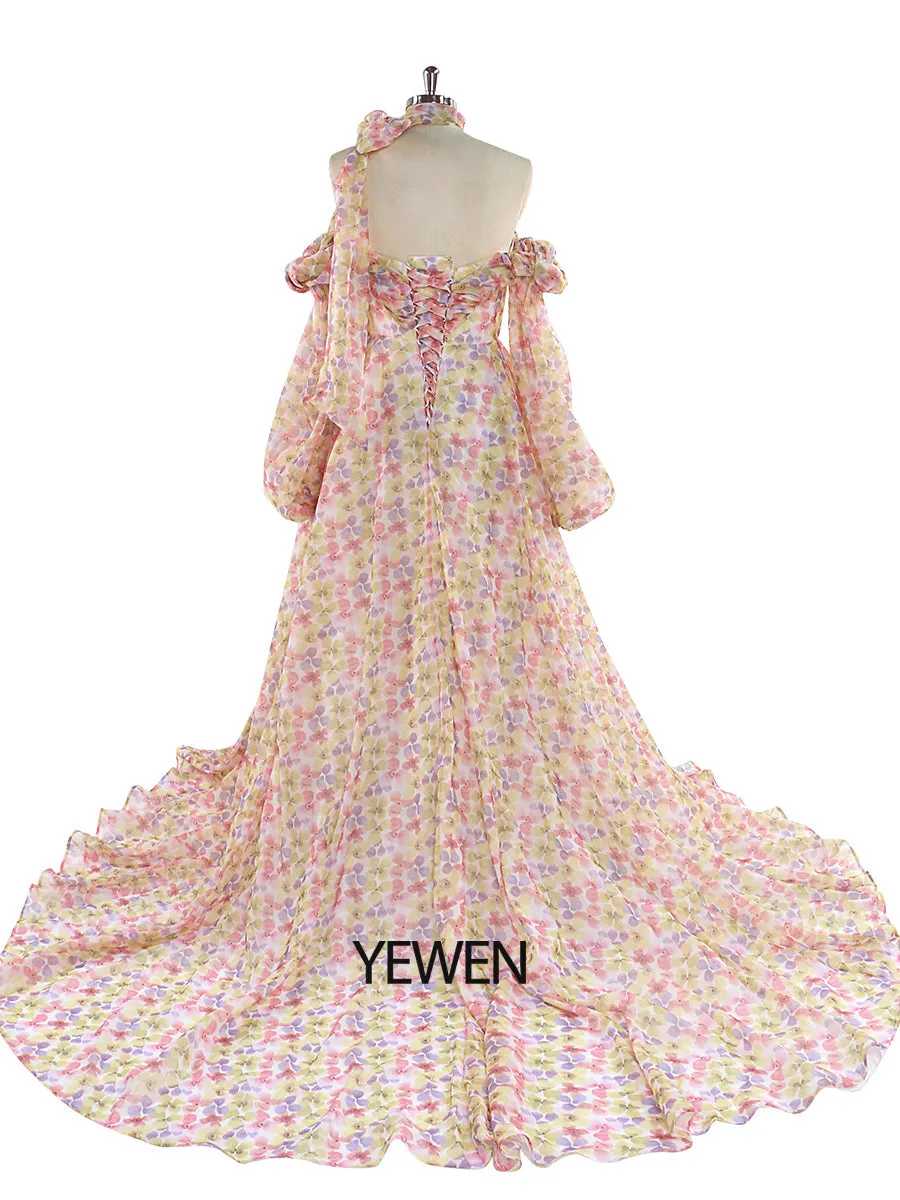 Long Sleeve Magical Soft Organza Printing Boho Prom Dress for Special Moments Photo Shoots Dress YEWEN YW220831
