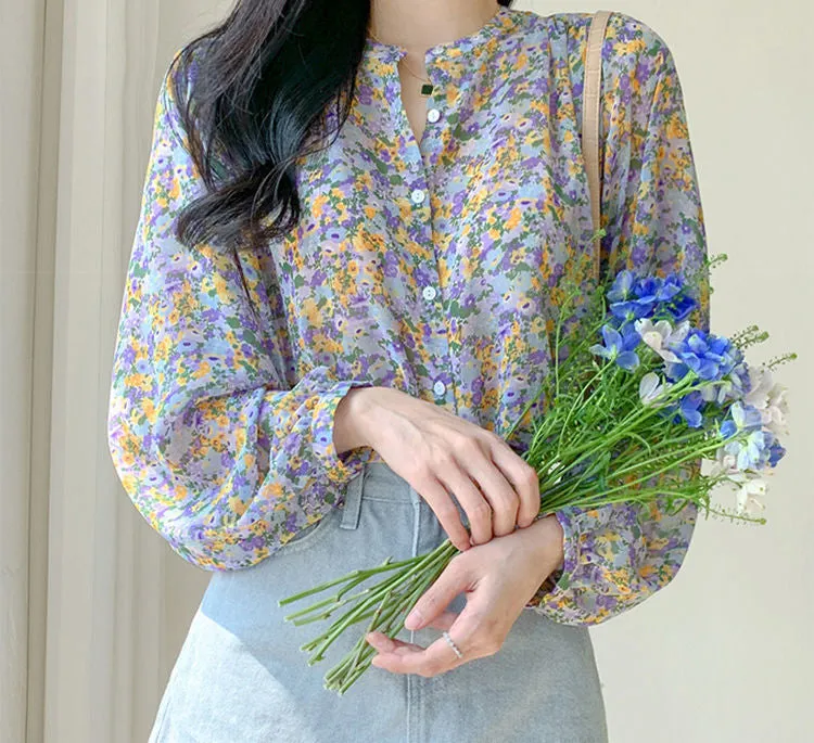 Long Sleeve Sexy Florals Pattern Chiffon Blouse Shirts
