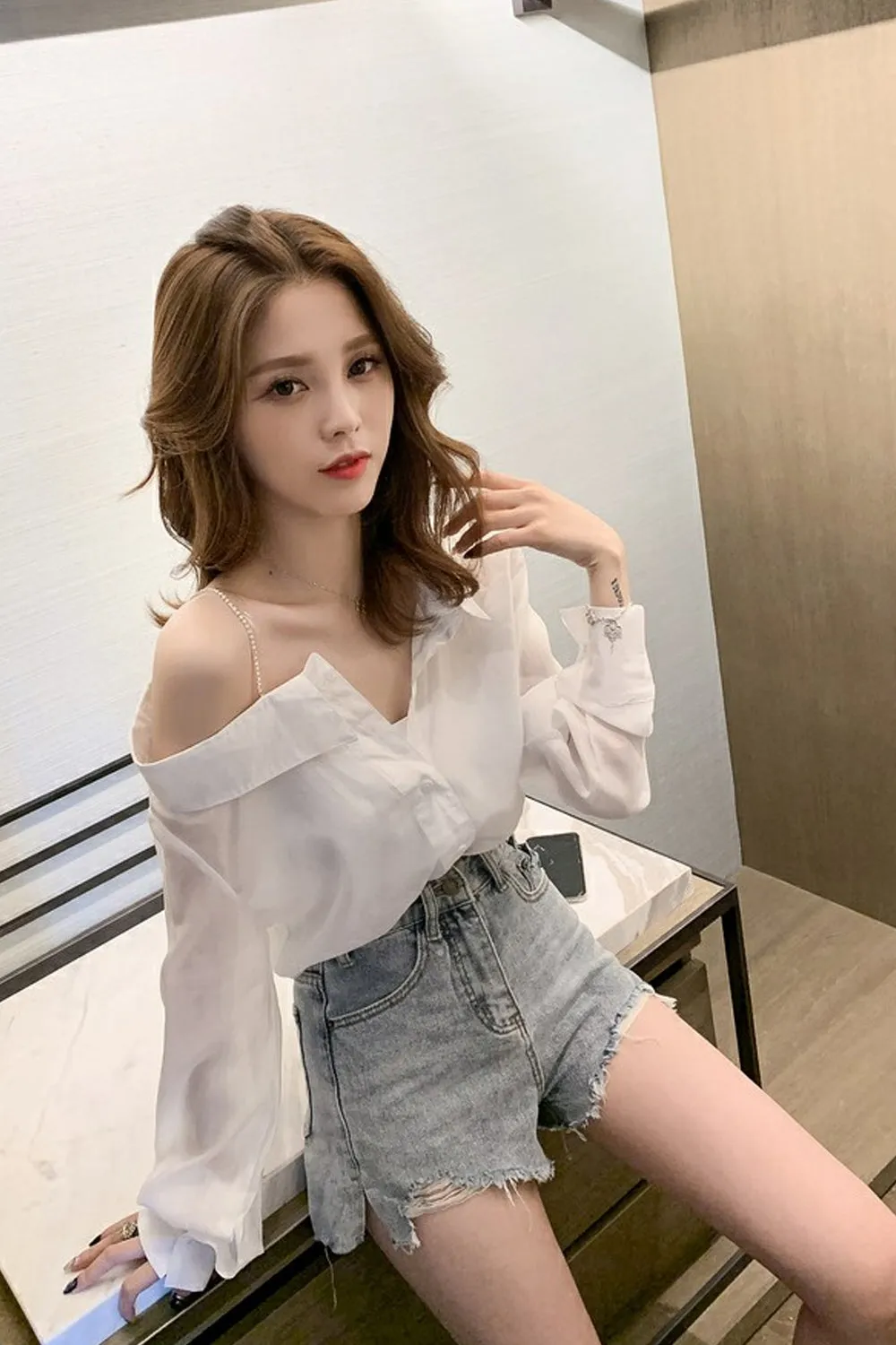 Long Sleeve Sexy Skew Collar Blouse Shirts