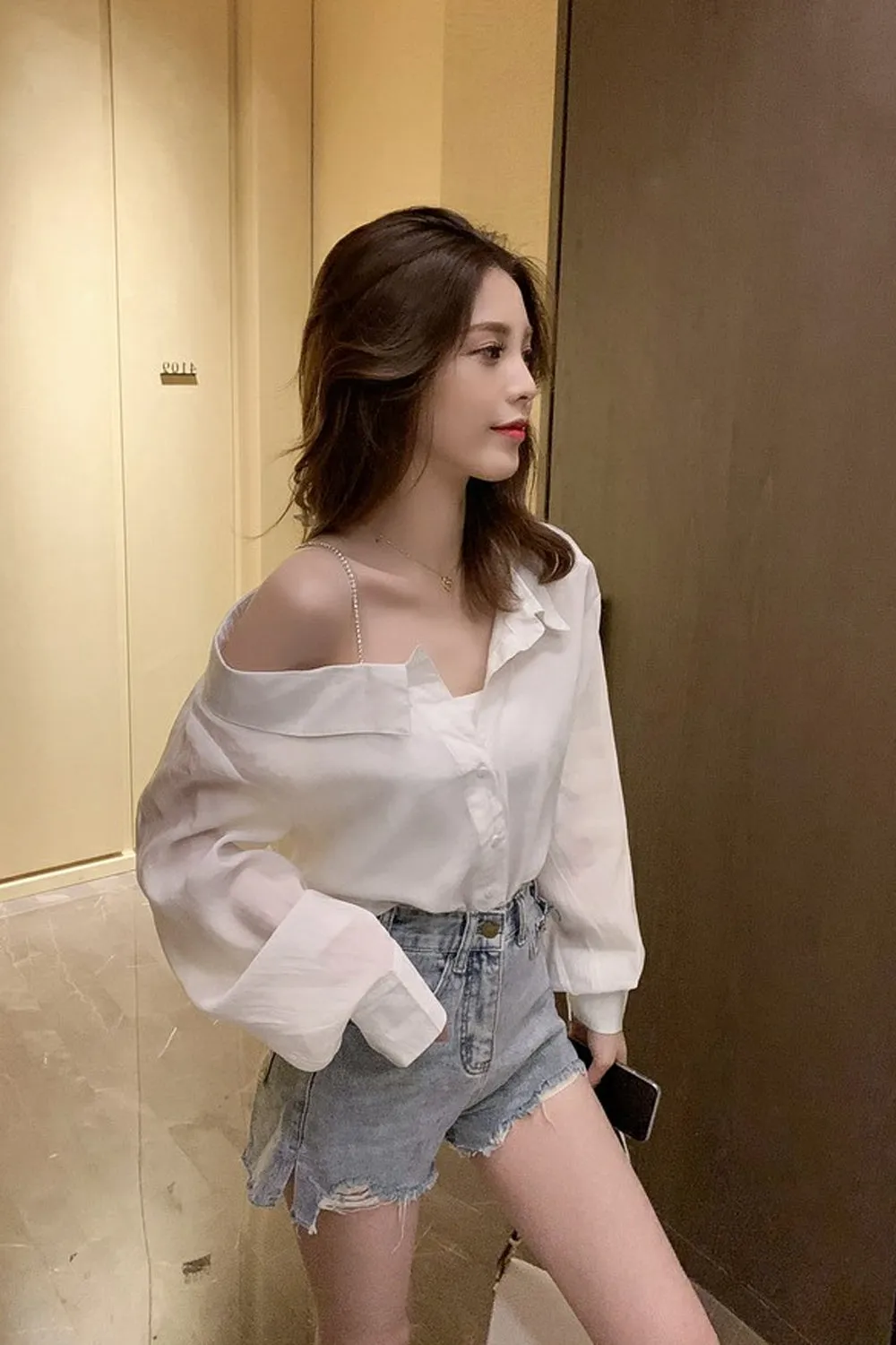 Long Sleeve Sexy Skew Collar Blouse Shirts