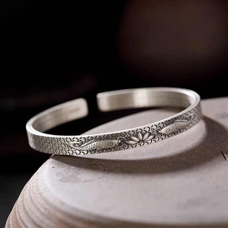 Lotus Flower Cuff Bracelet Vintage Silver For Women Jewelry