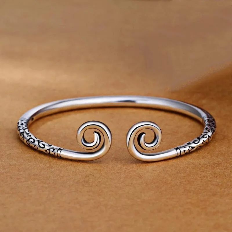 Lotus Flower Cuff Bracelet Vintage Silver For Women Jewelry