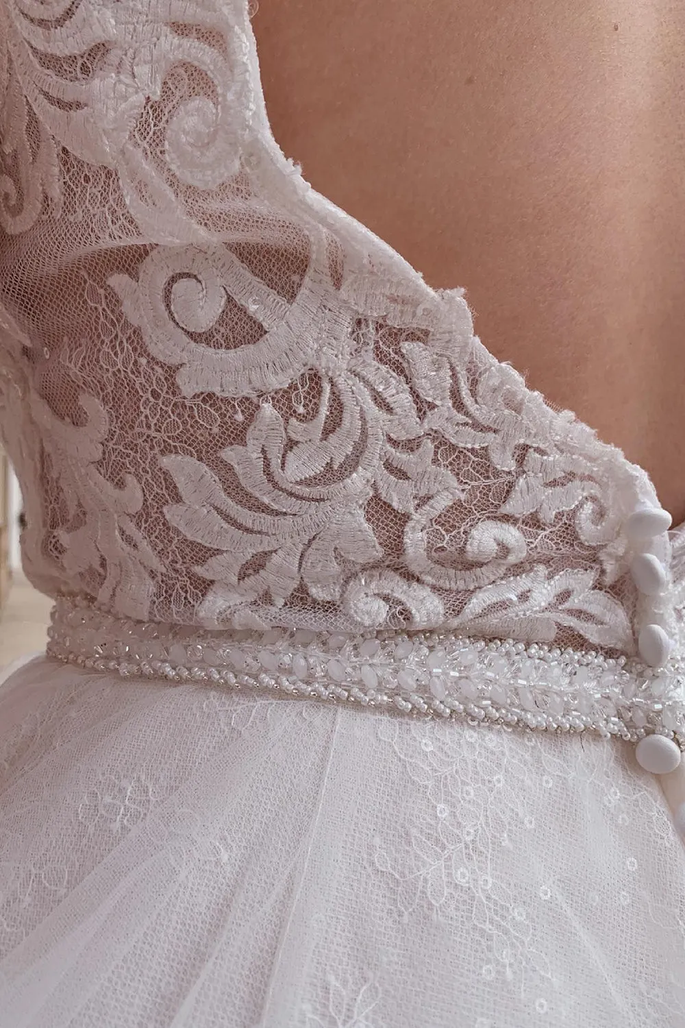 Louisa | A-Line Tulle White Long Wedding Dress with Beading