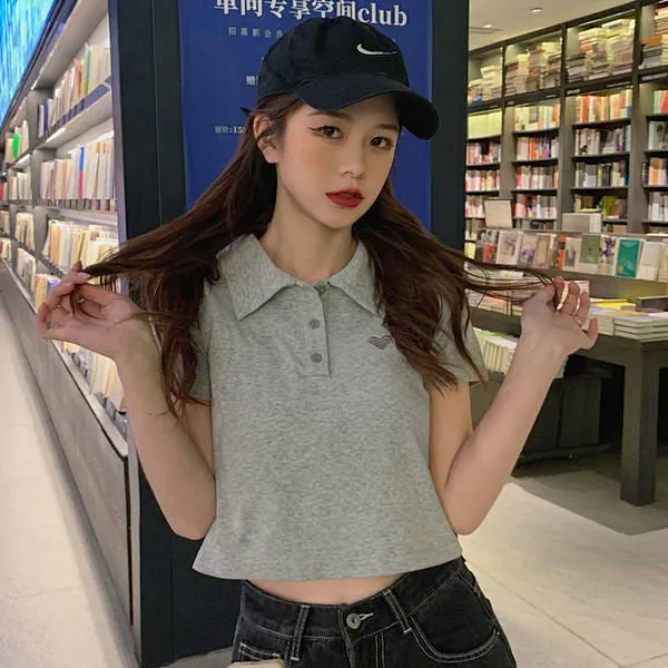 Love Embroidery Collar Crop Tops