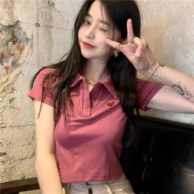 Love Embroidery Collar Crop Tops