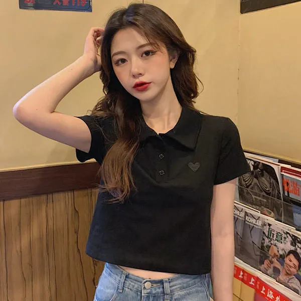 Love Embroidery Collar Crop Tops