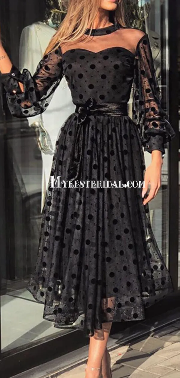 Lovely Black Long Sleeves A-line Tulle Long Prom Dresses, PDS0136
