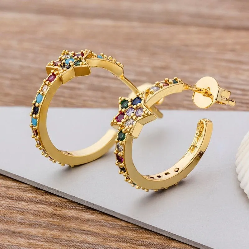 Luxury Butterfly Rainbow Stud Earrings 14K Gold For Girls Anniversary Party Jewelry