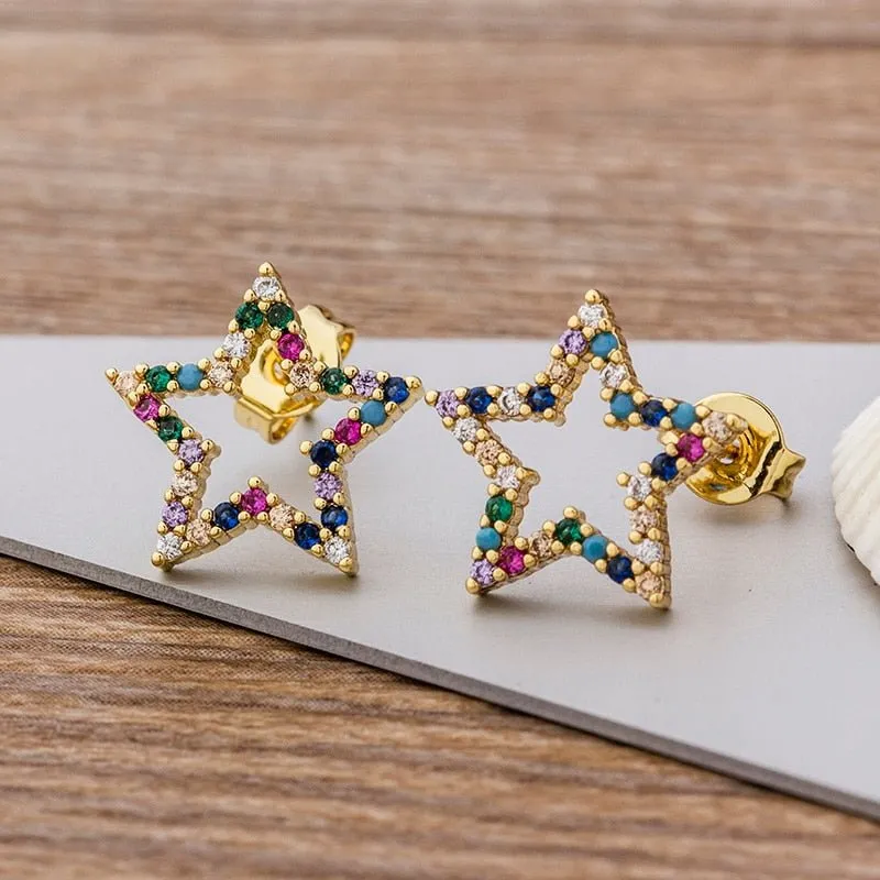Luxury Butterfly Rainbow Stud Earrings 14K Gold For Girls Anniversary Party Jewelry