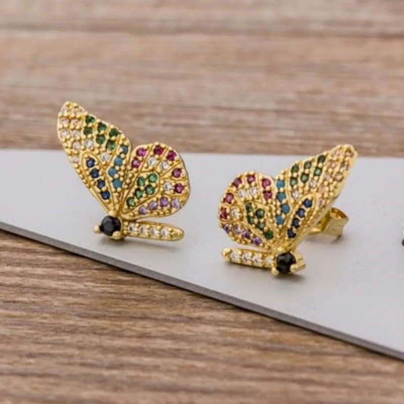 Luxury Butterfly Rainbow Stud Earrings 14K Gold For Girls Anniversary Party Jewelry