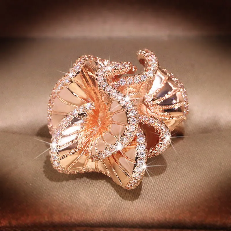 Luxury Camellia Flower Wedding Ring for Women Engagement Jewelry