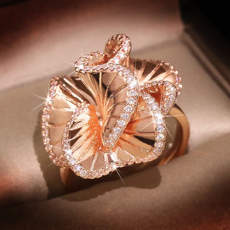 Luxury Camellia Flower Wedding Ring for Women Engagement Jewelry