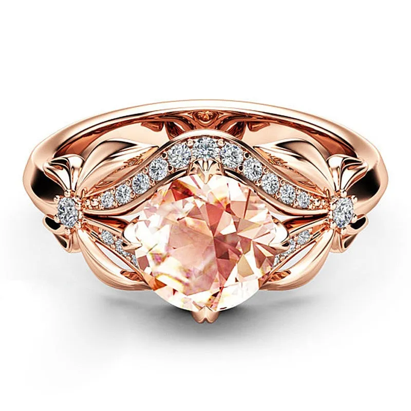 Luxury Champagne Flower Ring for Women Rose Gold Engagement Jewelry