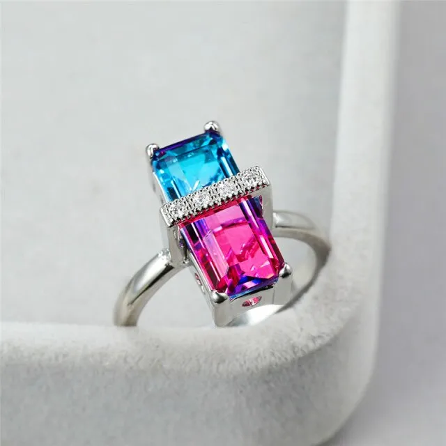 Luxury Rainbow Gemstone Ring Rose Gold Wedding For Women Square Zircon