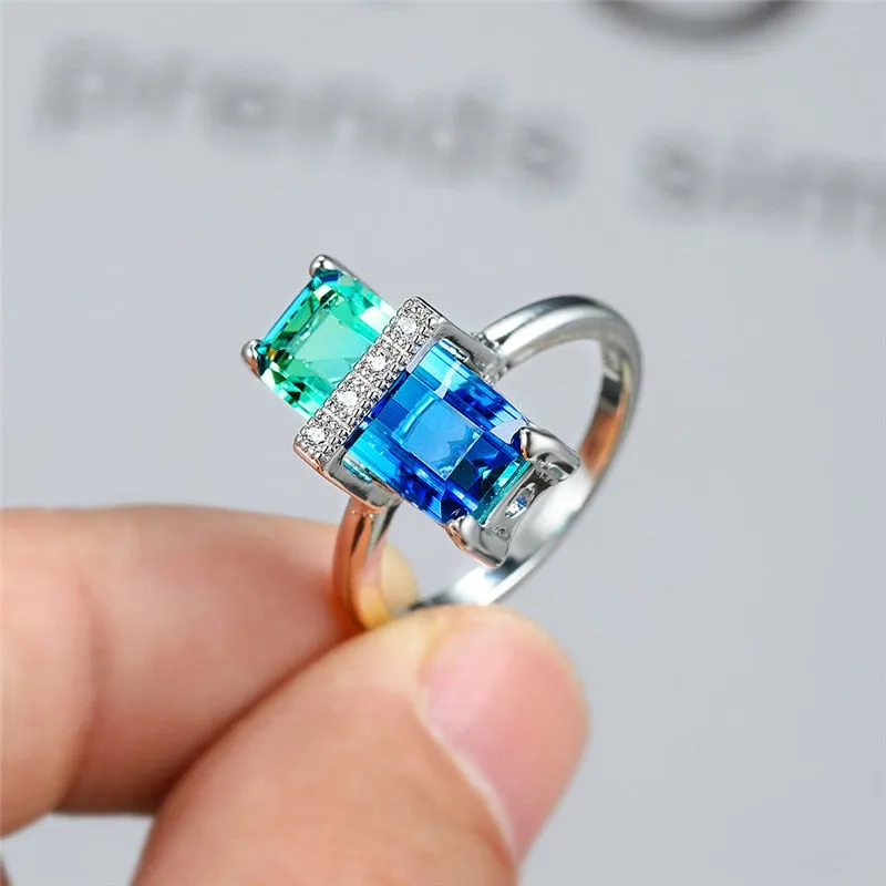 Luxury Rainbow Gemstone Ring Rose Gold Wedding For Women Square Zircon