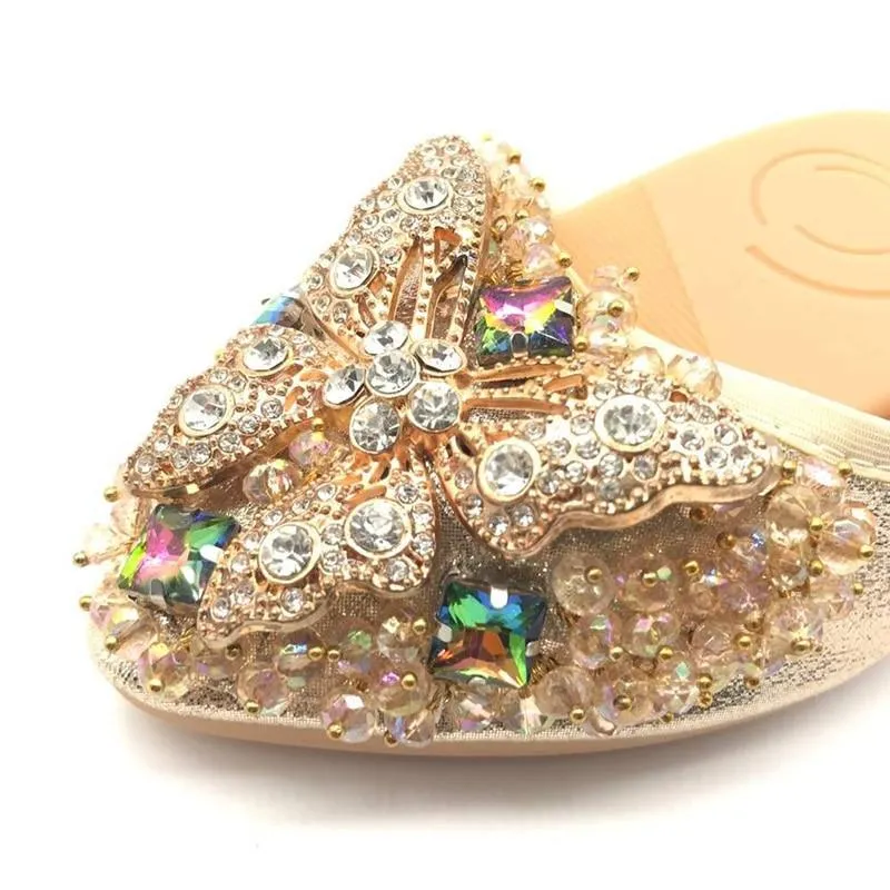 Luxury Rhinestone Ballet Flat Shoes Women Butterfly Pointed Toe Golden Shoes Loafers