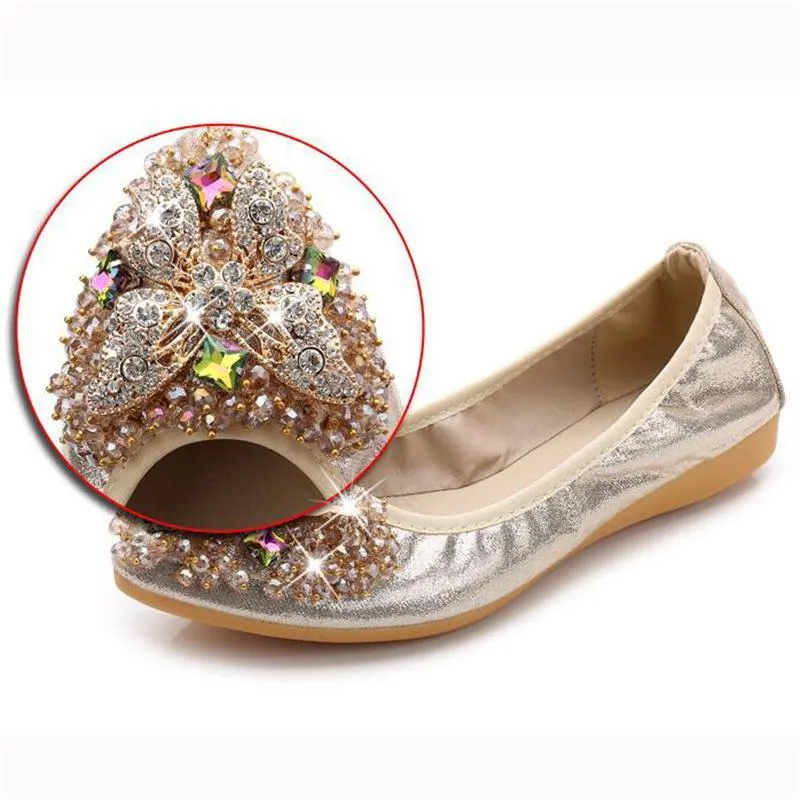 Luxury Rhinestone Ballet Flat Shoes Women Butterfly Pointed Toe Golden Shoes Loafers