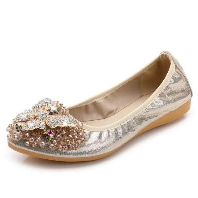 Luxury Rhinestone Ballet Flat Shoes Women Butterfly Pointed Toe Golden Shoes Loafers