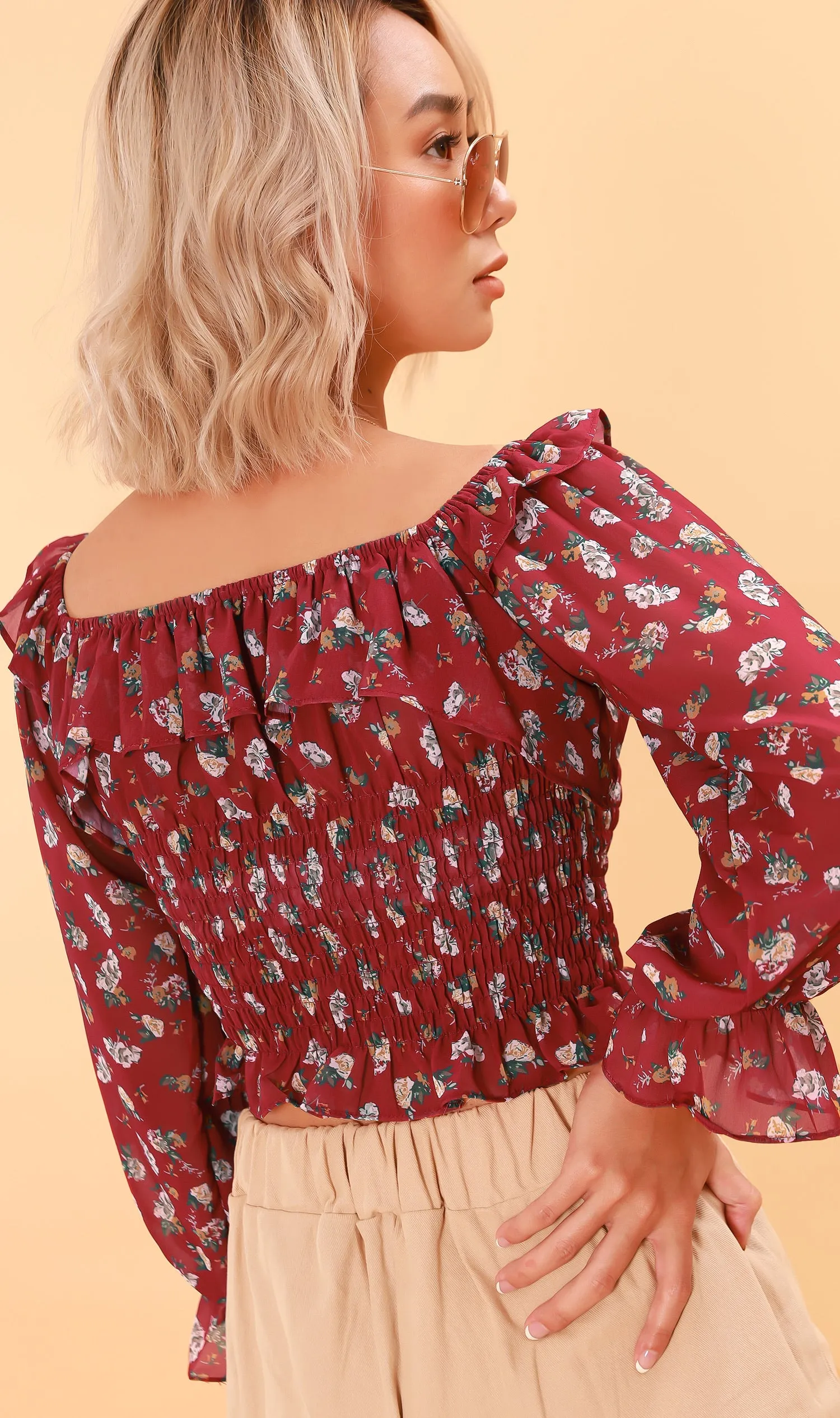 MARINA Long-Sleeve Frill Top (Cherry)