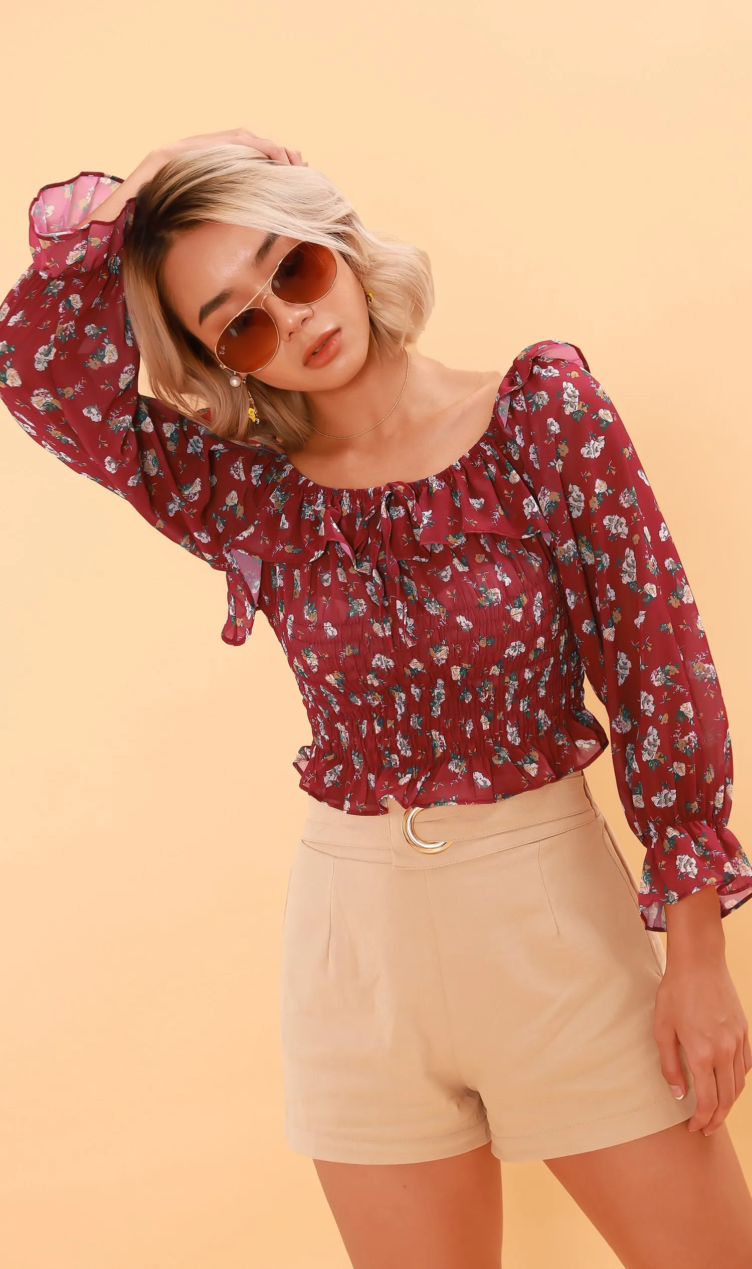 MARINA Long-Sleeve Frill Top (Cherry)