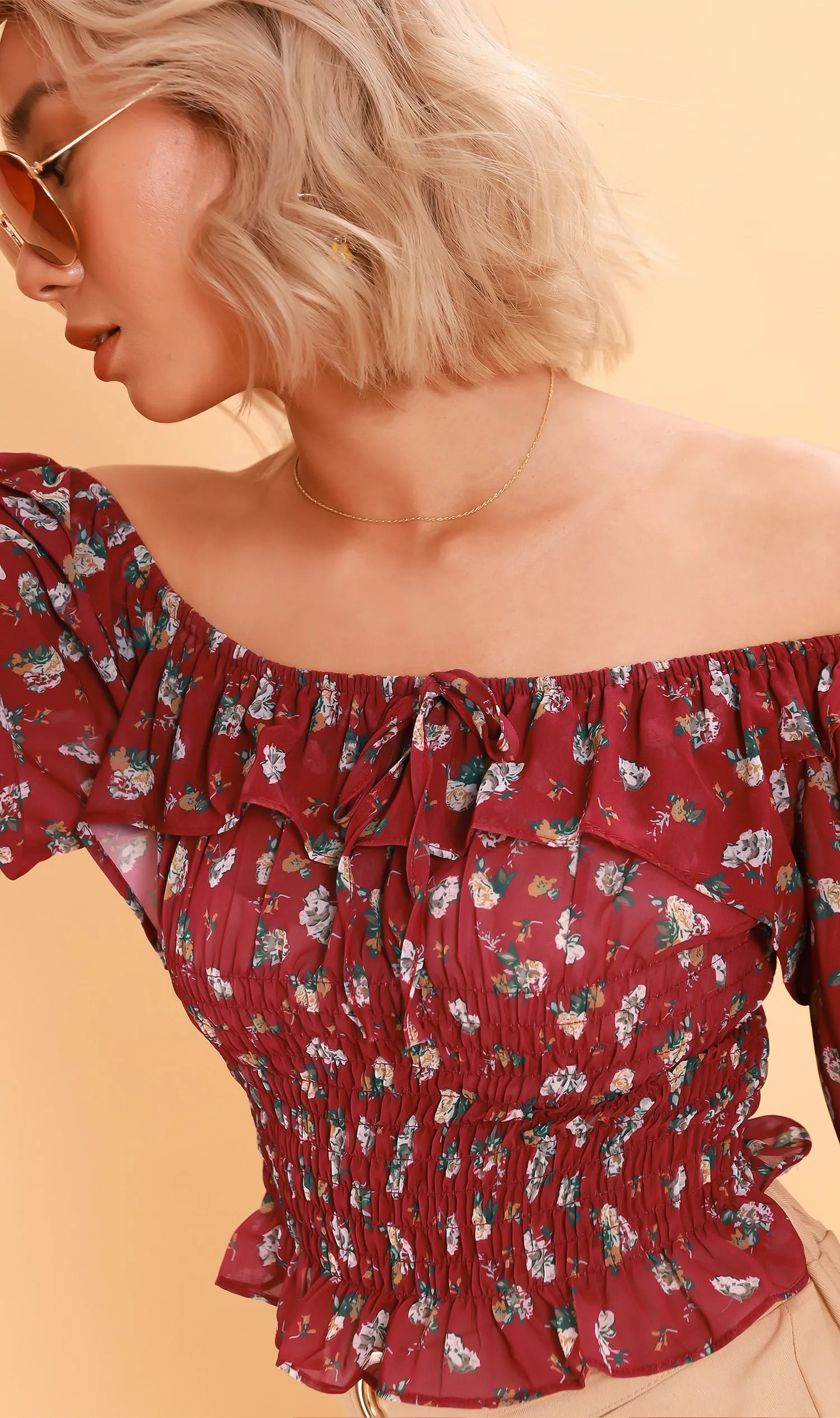 MARINA Long-Sleeve Frill Top (Cherry)