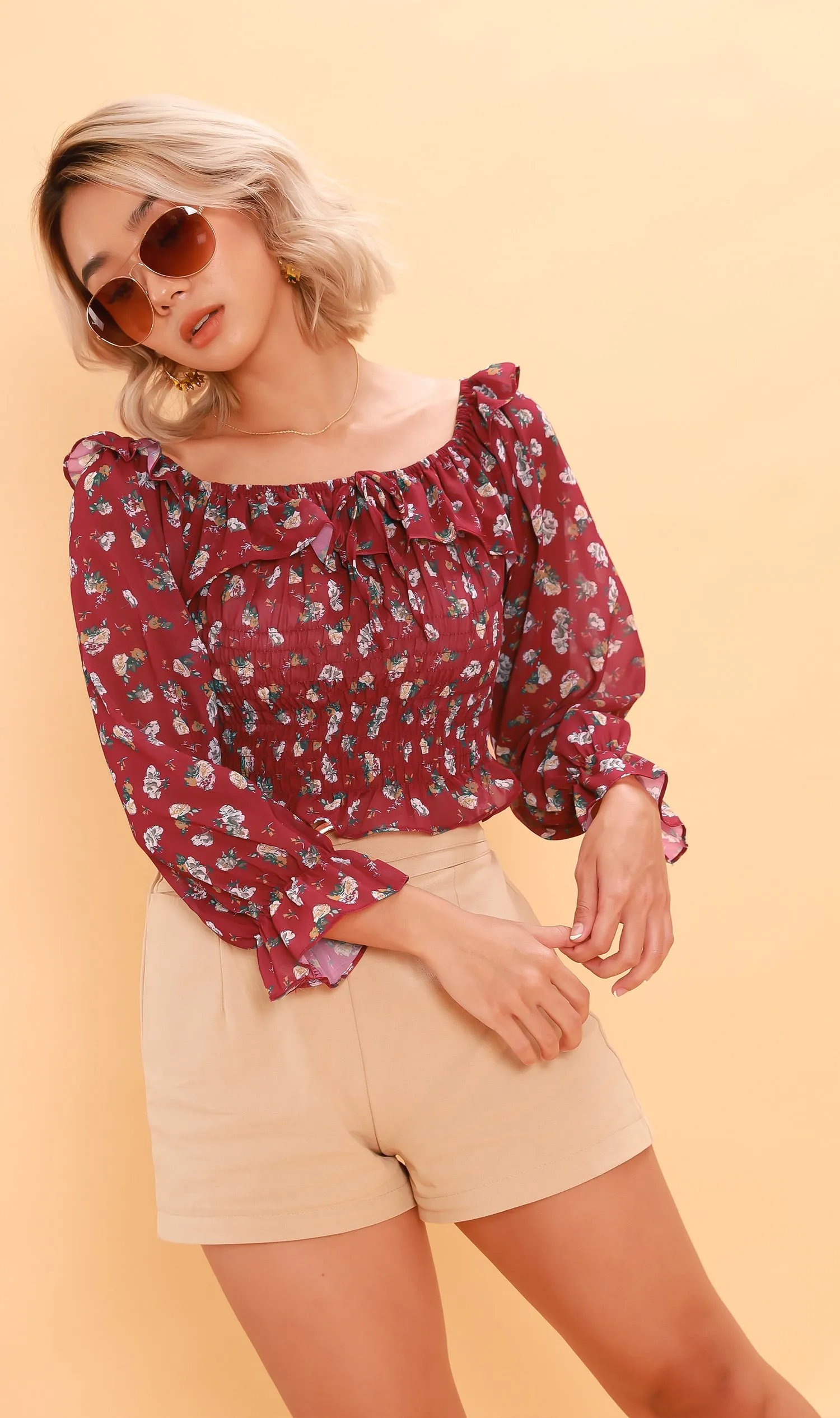 MARINA Long-Sleeve Frill Top (Cherry)