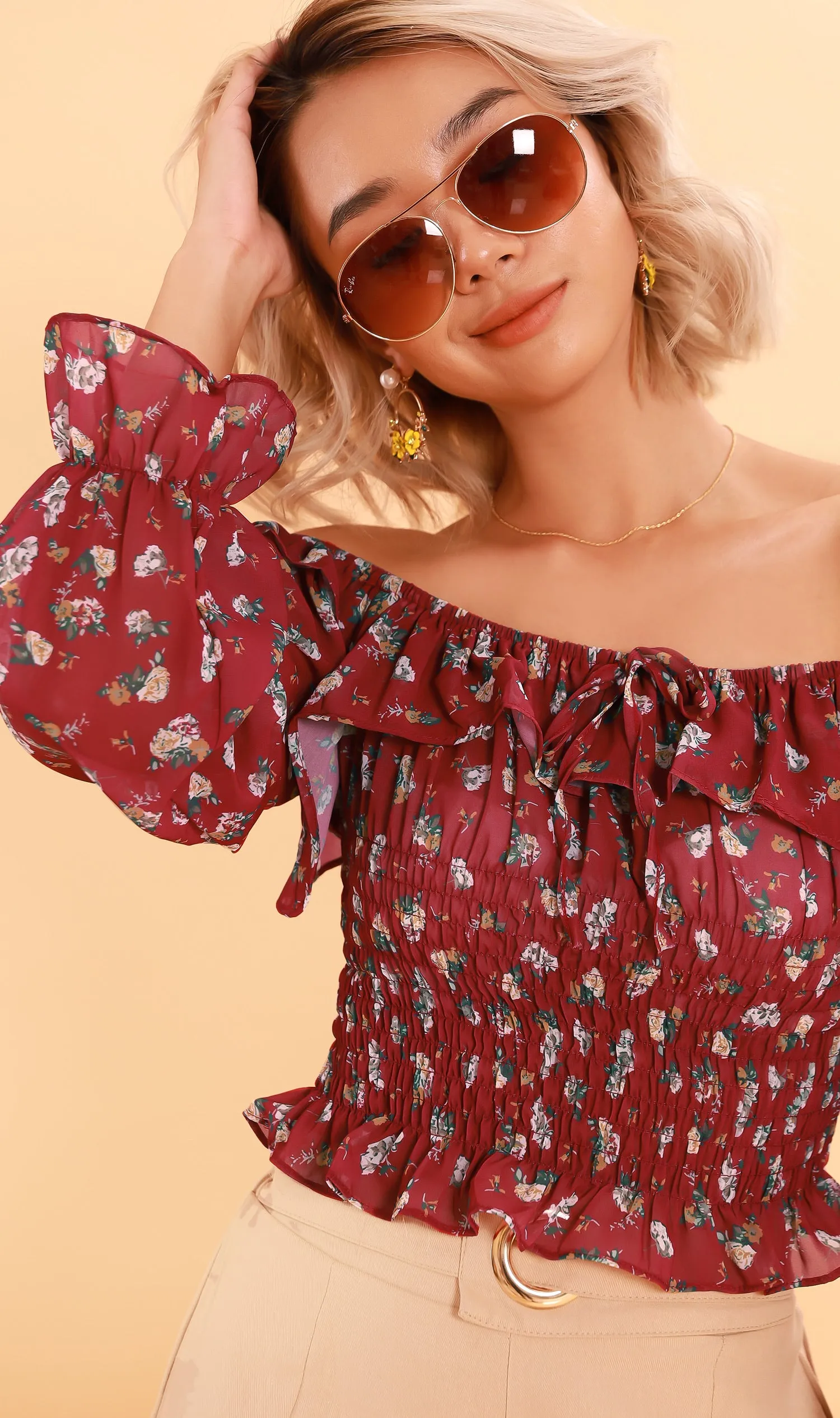 MARINA Long-Sleeve Frill Top (Cherry)