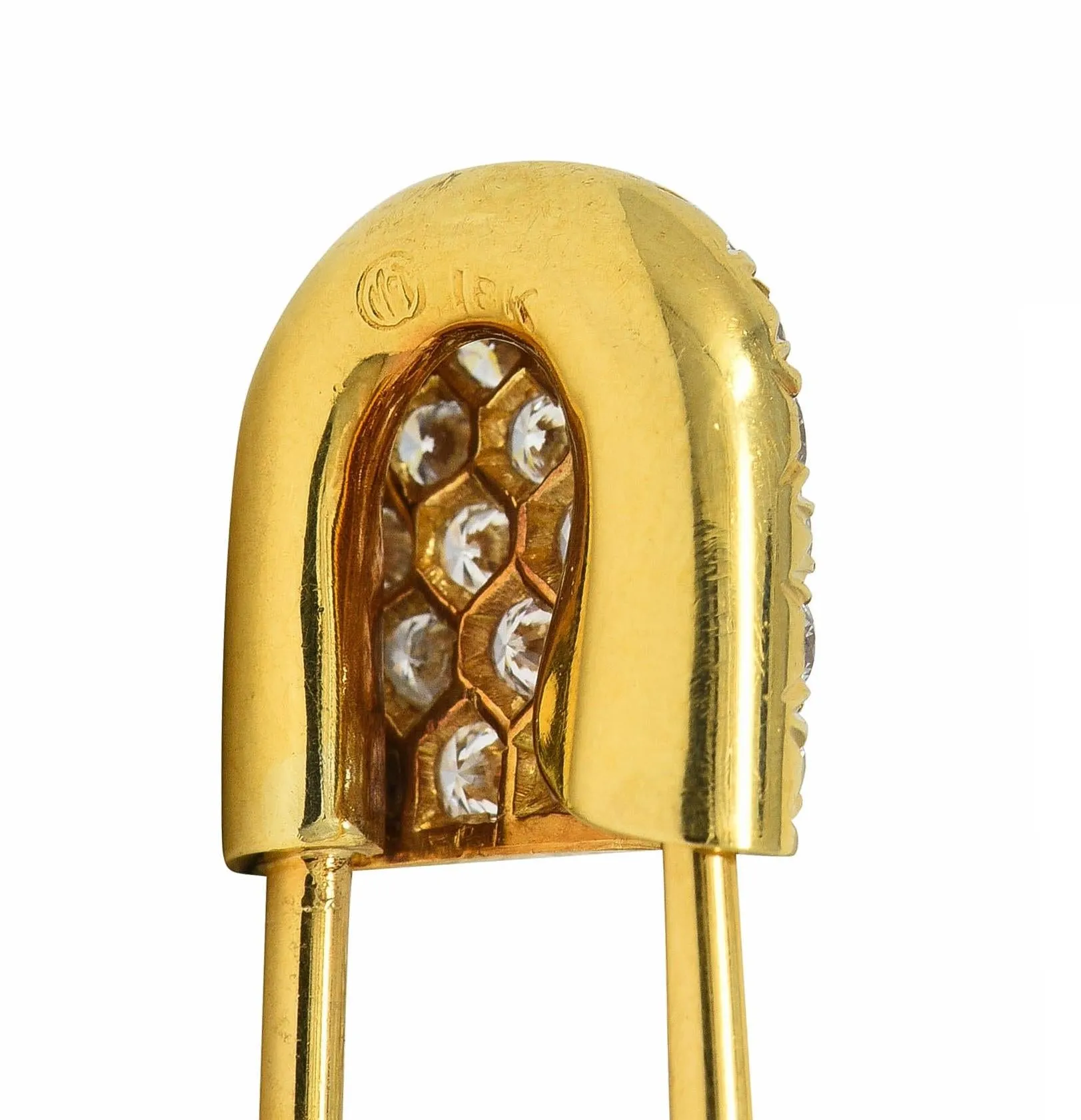 McTeigue Mid-Century 1.00 CTW Diamond 18 Karat Yellow Gold Vintage Safety Pin Brooch