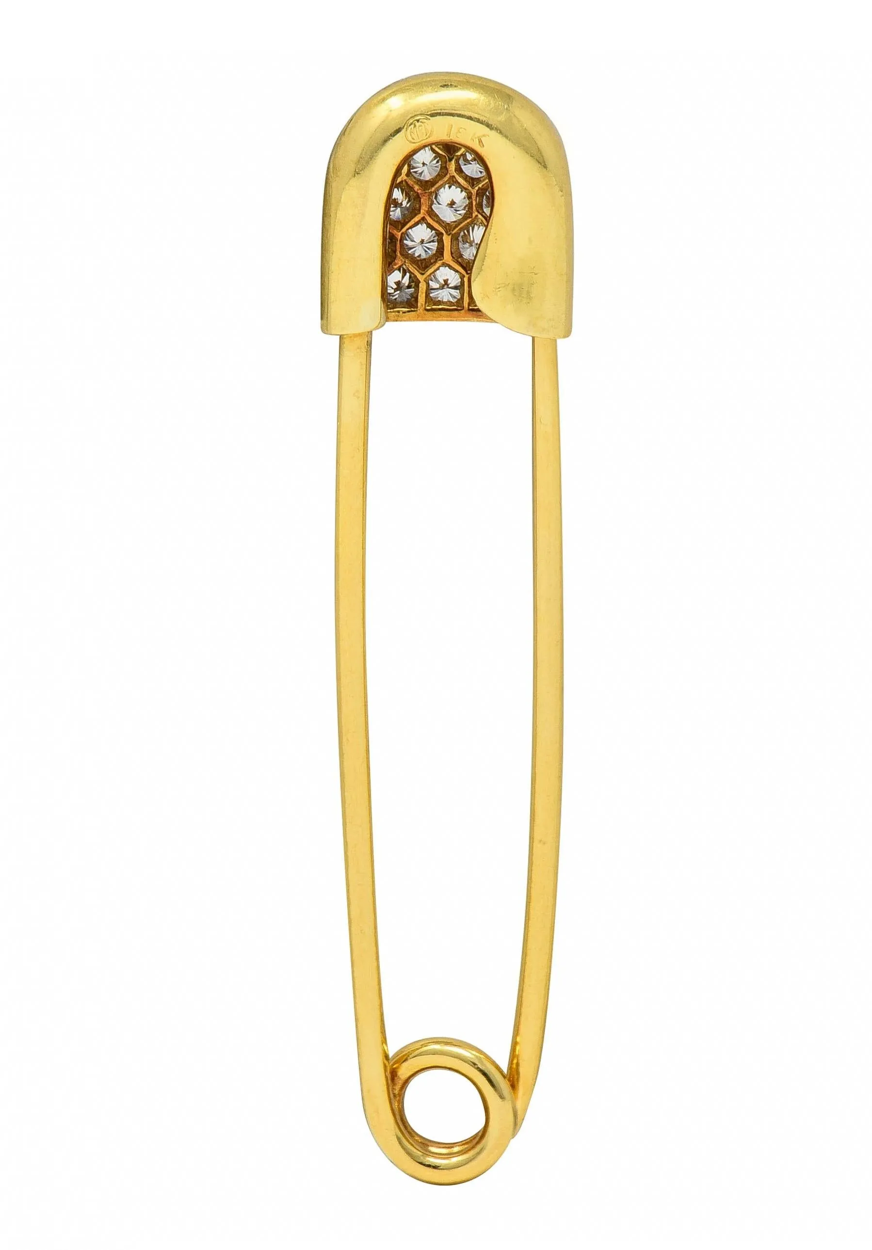 McTeigue Mid-Century 1.00 CTW Diamond 18 Karat Yellow Gold Vintage Safety Pin Brooch