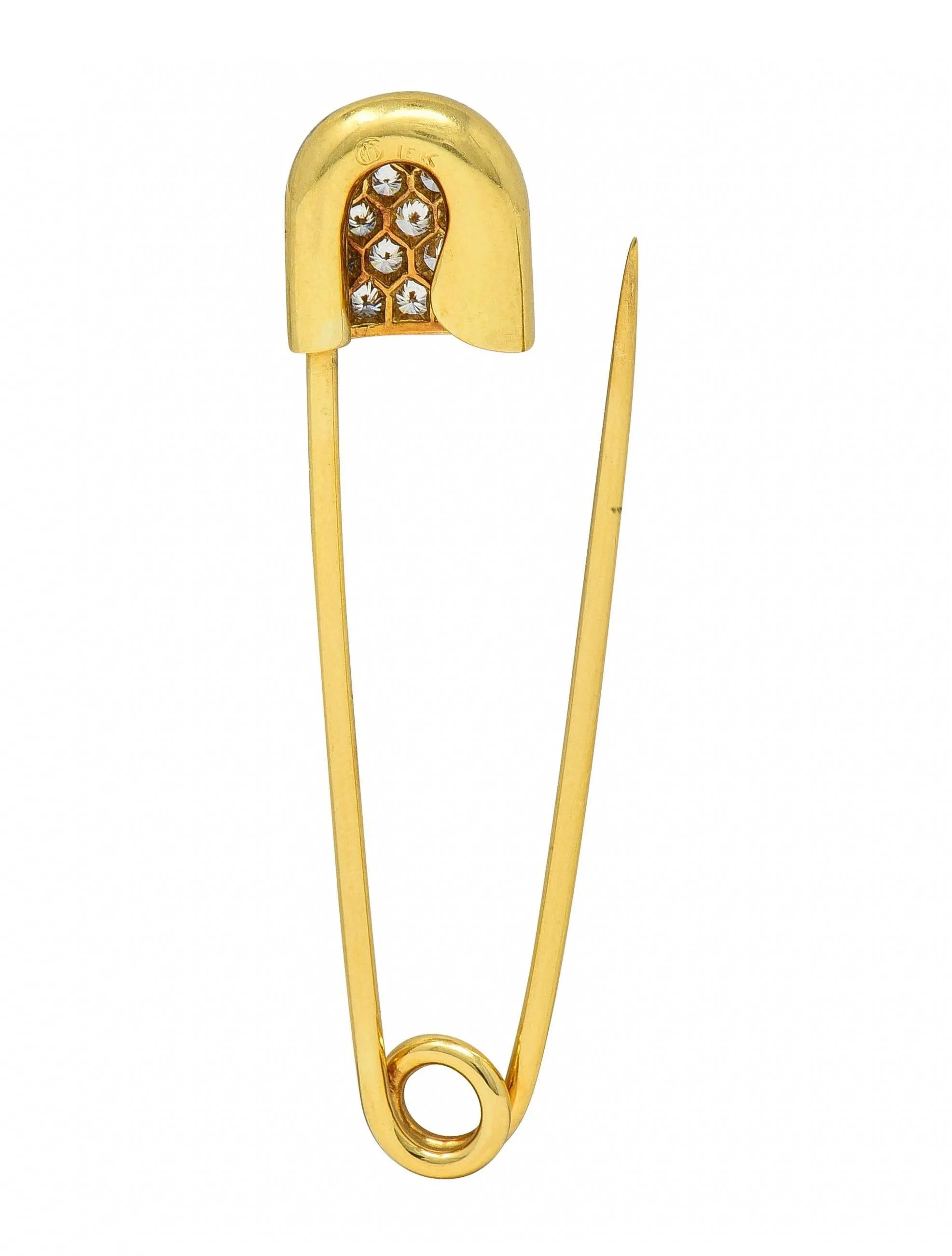 McTeigue Mid-Century 1.00 CTW Diamond 18 Karat Yellow Gold Vintage Safety Pin Brooch