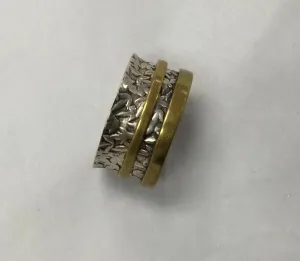 Meditation Ring, Silver Patterned Base, Gold Border and Gold Band