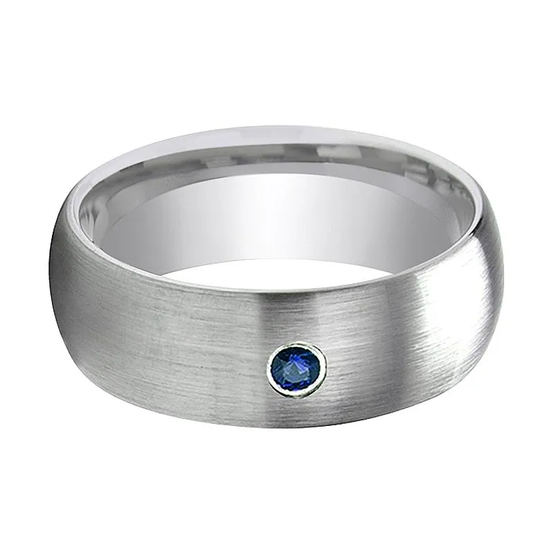 MELANTHIOS | Silver Tungsten Ring, Blue Diamond, Domed