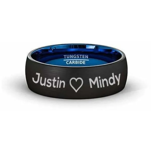 Men Domed Black Tungsten Wedding Ring With Brushed Center Blue Inside 6mm & 8mm