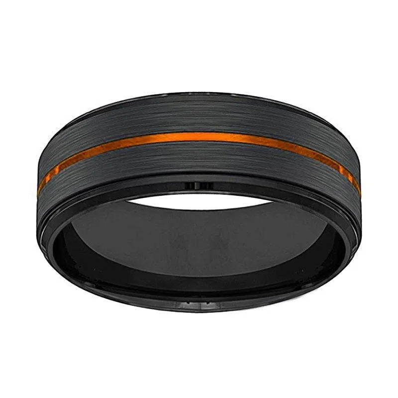 Men's Black Tungsten Carbide Wedding Band with Luscious Orange Groove 8mm