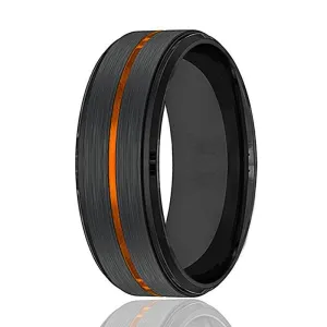 Men's Black Tungsten Carbide Wedding Band with Luscious Orange Groove 8mm