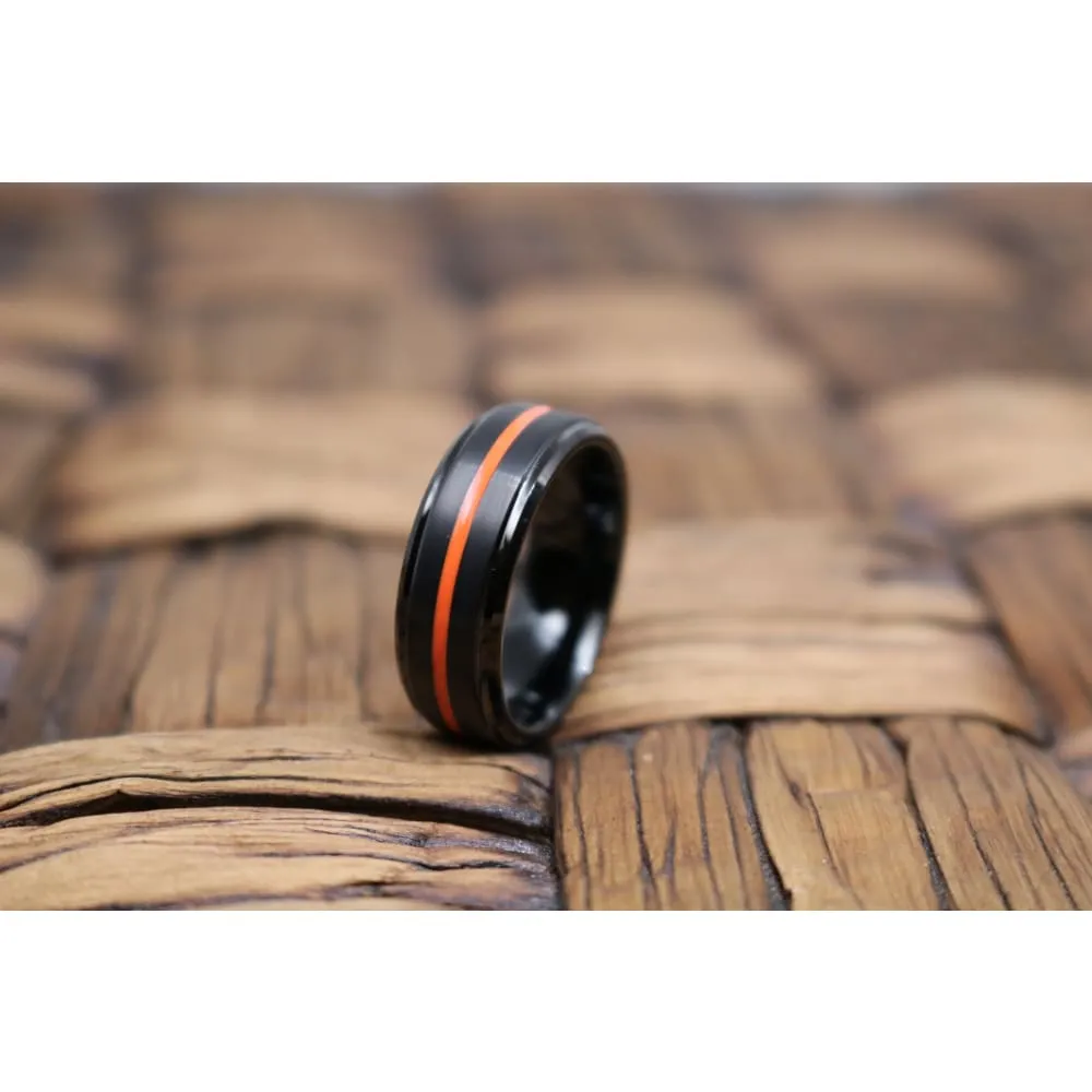 Men's Black Tungsten Carbide Wedding Band with Luscious Orange Groove 8mm