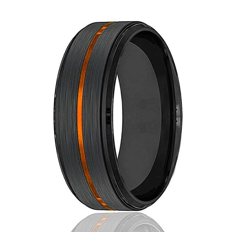 Men's Black Tungsten Carbide Wedding Band with Luscious Orange Groove 8mm