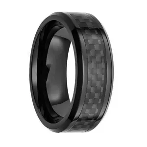Mens Black Tungsten Wedding Ring w/ Black Carbon Fiber Inlay Beveled Edges - 8mm