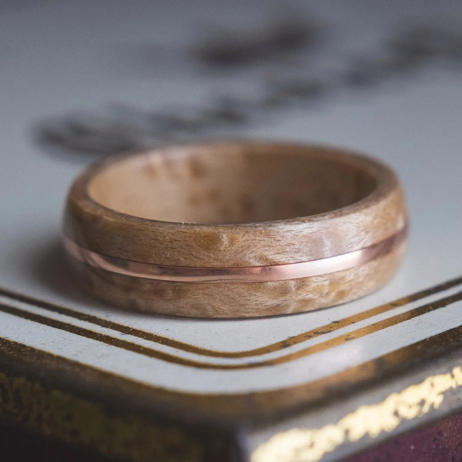 Mens Wedding band made from Birds eye Maple and Copper inlay.