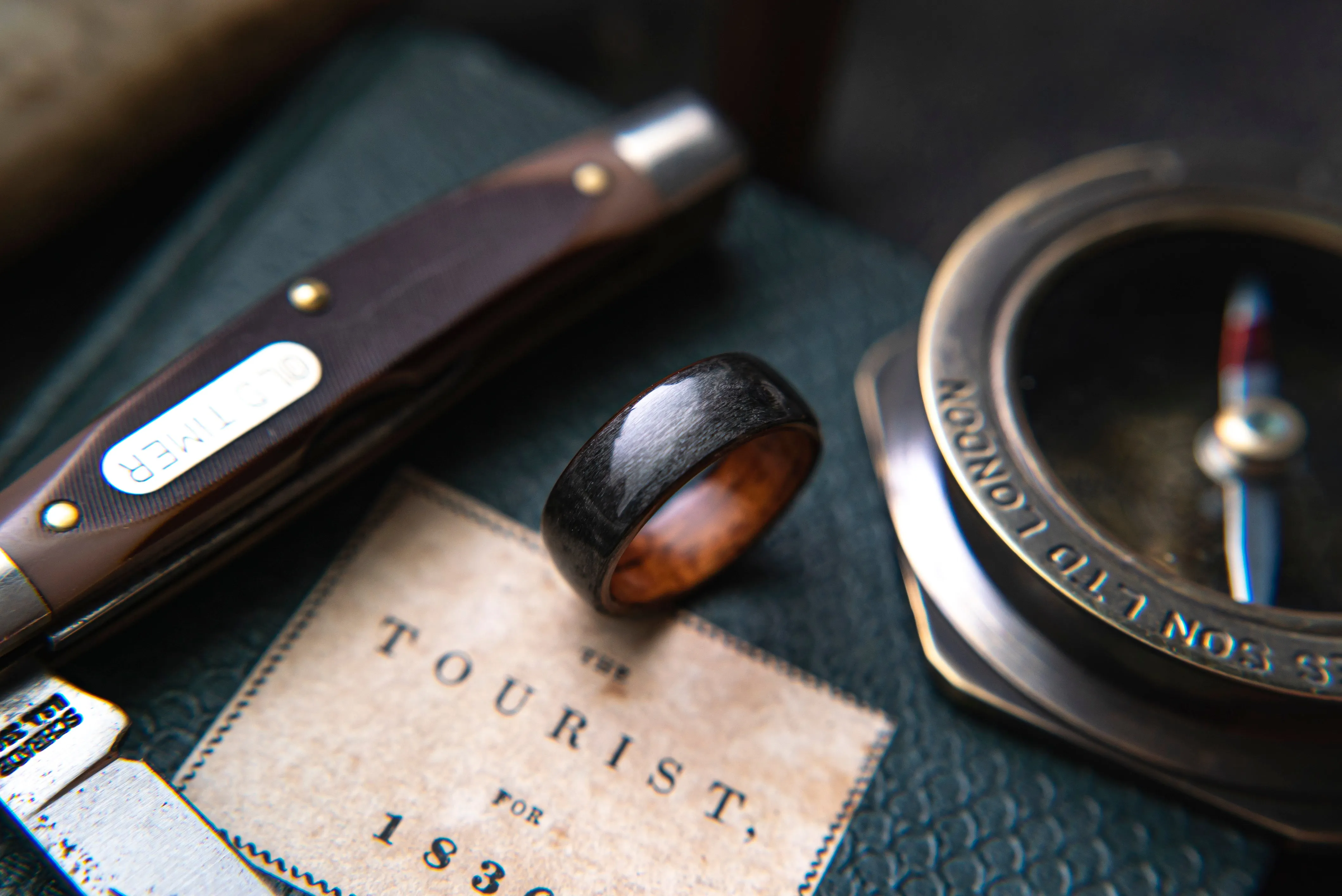 Mens Wood Wedding band made from Santos Rosewood and Grey Maple