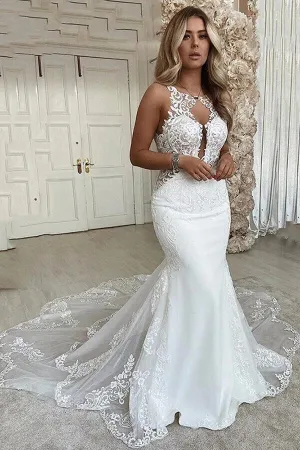 Mermaid Deep V-neck Backless Lace Wedding Dresses With Chapel Train, MW809